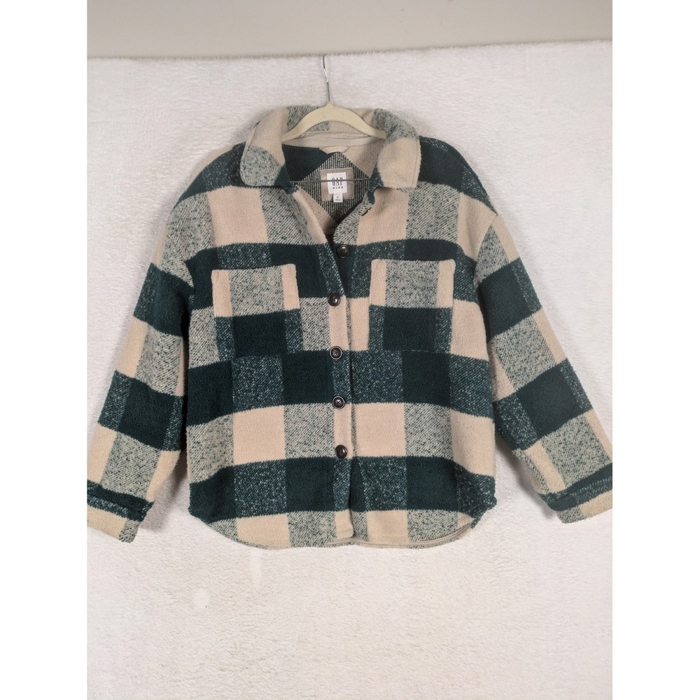 Gap Kids Shacket Kid's XL Green Buffalo Plaid Button Up Fleece Shirt Jacket